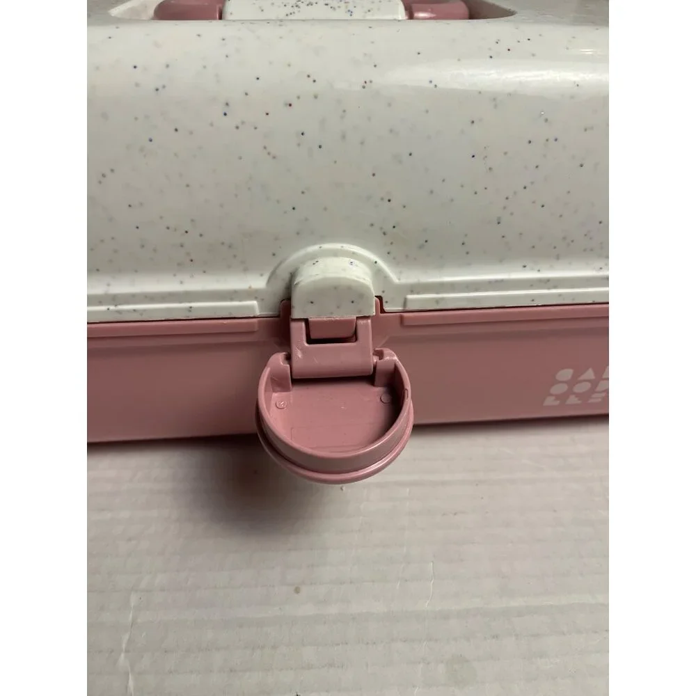 Vintage Caboodles Large Pink & White Speckled Makeup With Fold-Out Tray & Mirror